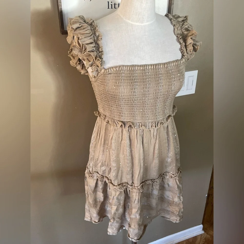 PQ Carrie dress sequence Ruffled Tan Smocked Dress NWT size XS/S anthropology